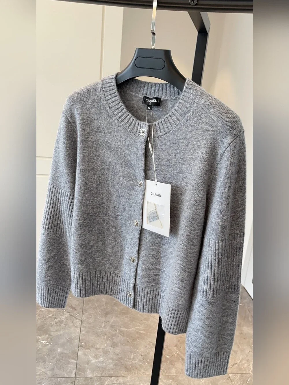 CHANEL Gray Cashmere Crewneck Cardigan